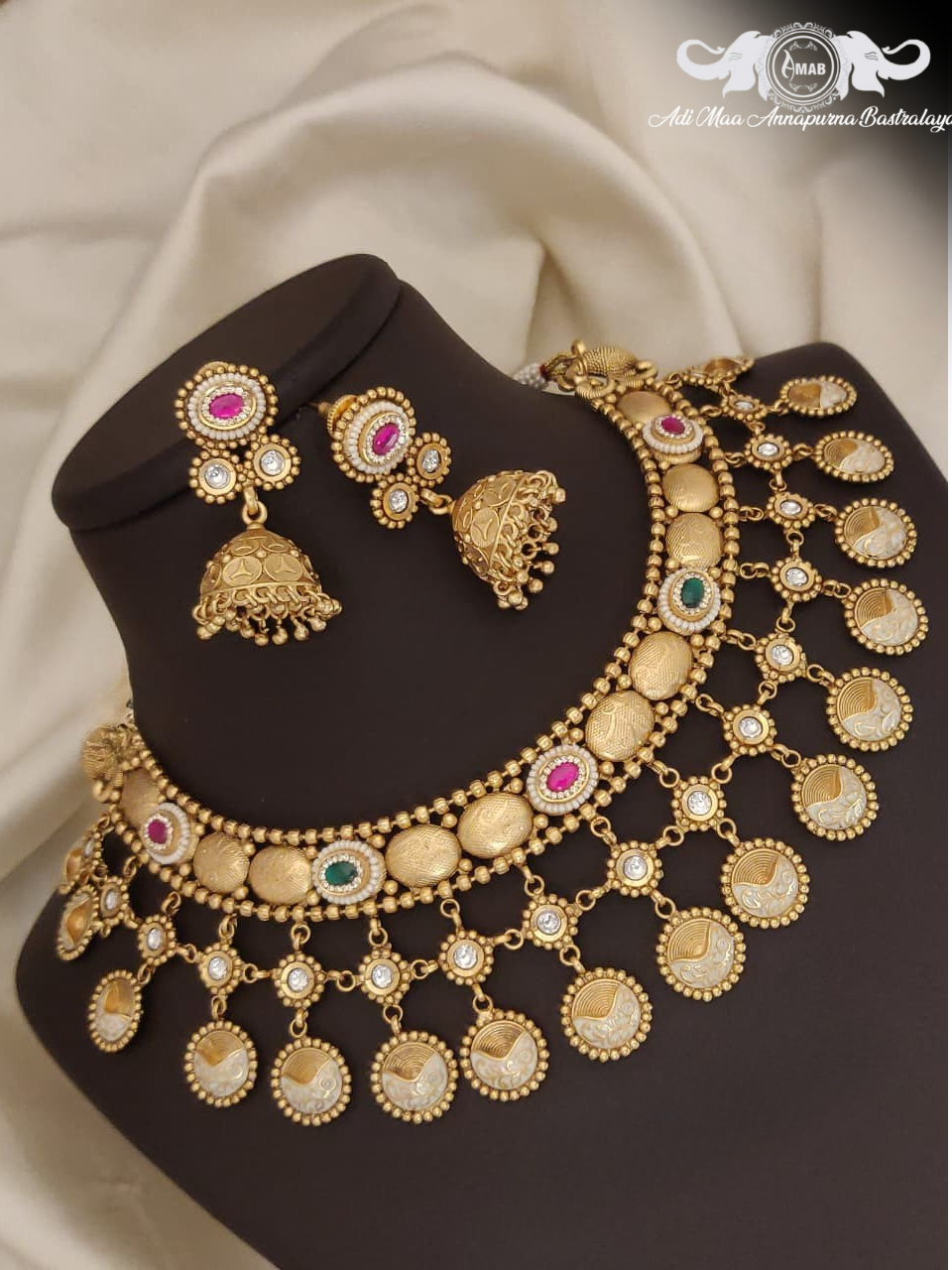 Wholesale Antique Gold Chokshi Necklace Set with Jhumkas