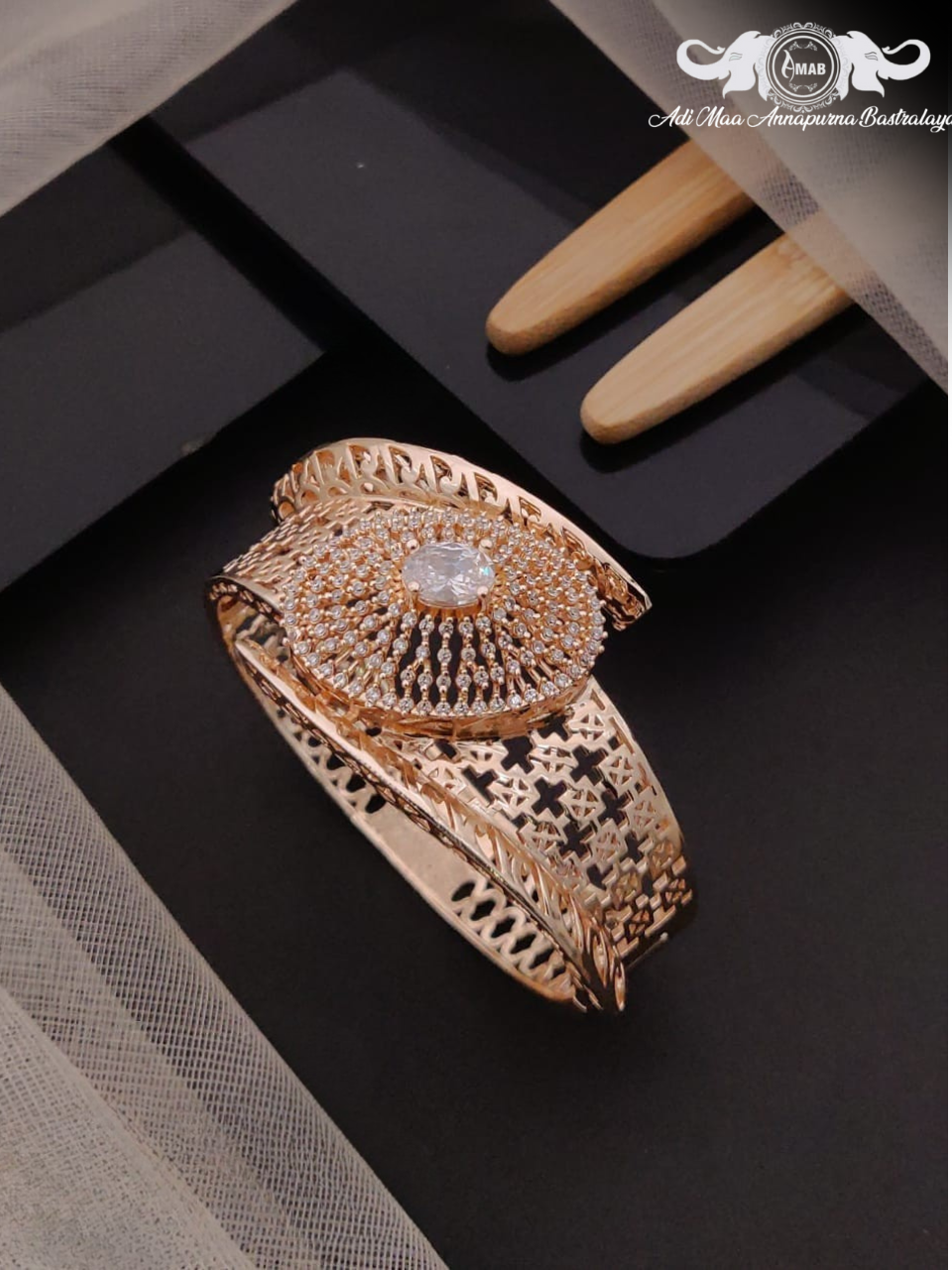 Wholesale Rose Gold AD Broad Cuff Bracelet - Luxury Design