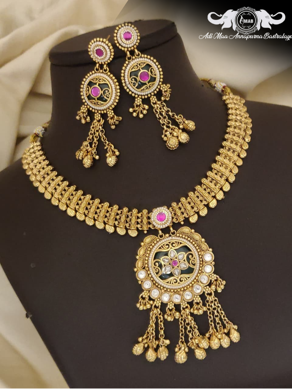 Wholesale Antique Choker Set Green Enamel Drops - Bulk