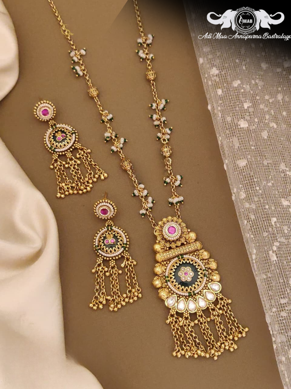 Wholesale Antique Long Chain Set Green Enamel Drops - Bulk