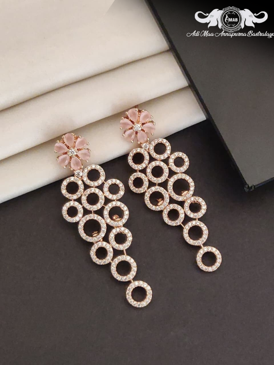 Wholesale Rose Gold AD Dangler Earrings Pink Flower - Bulk