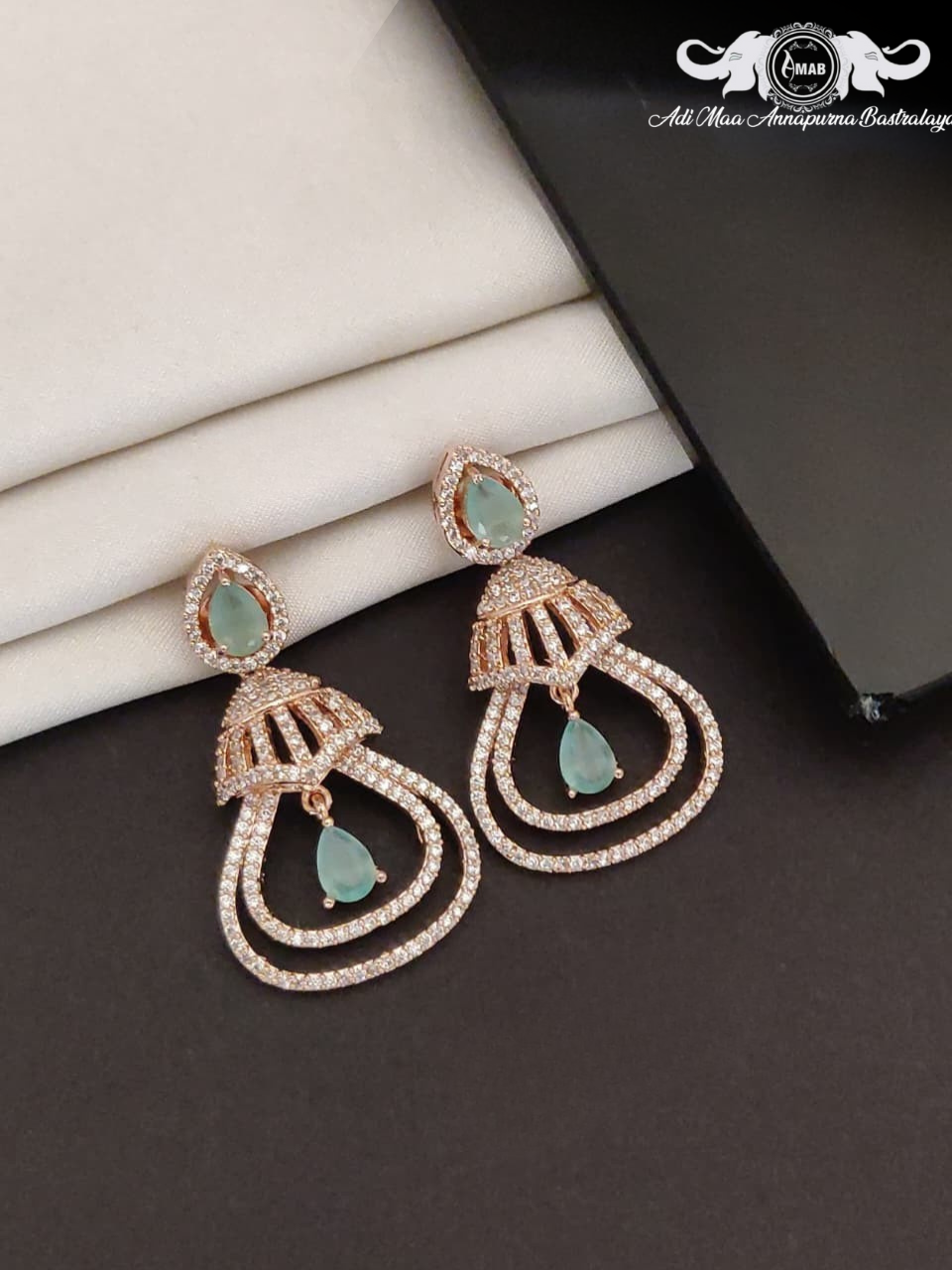 Wholesale Rose Gold AD Chandelier Earrings Mint Stone - Bulk
