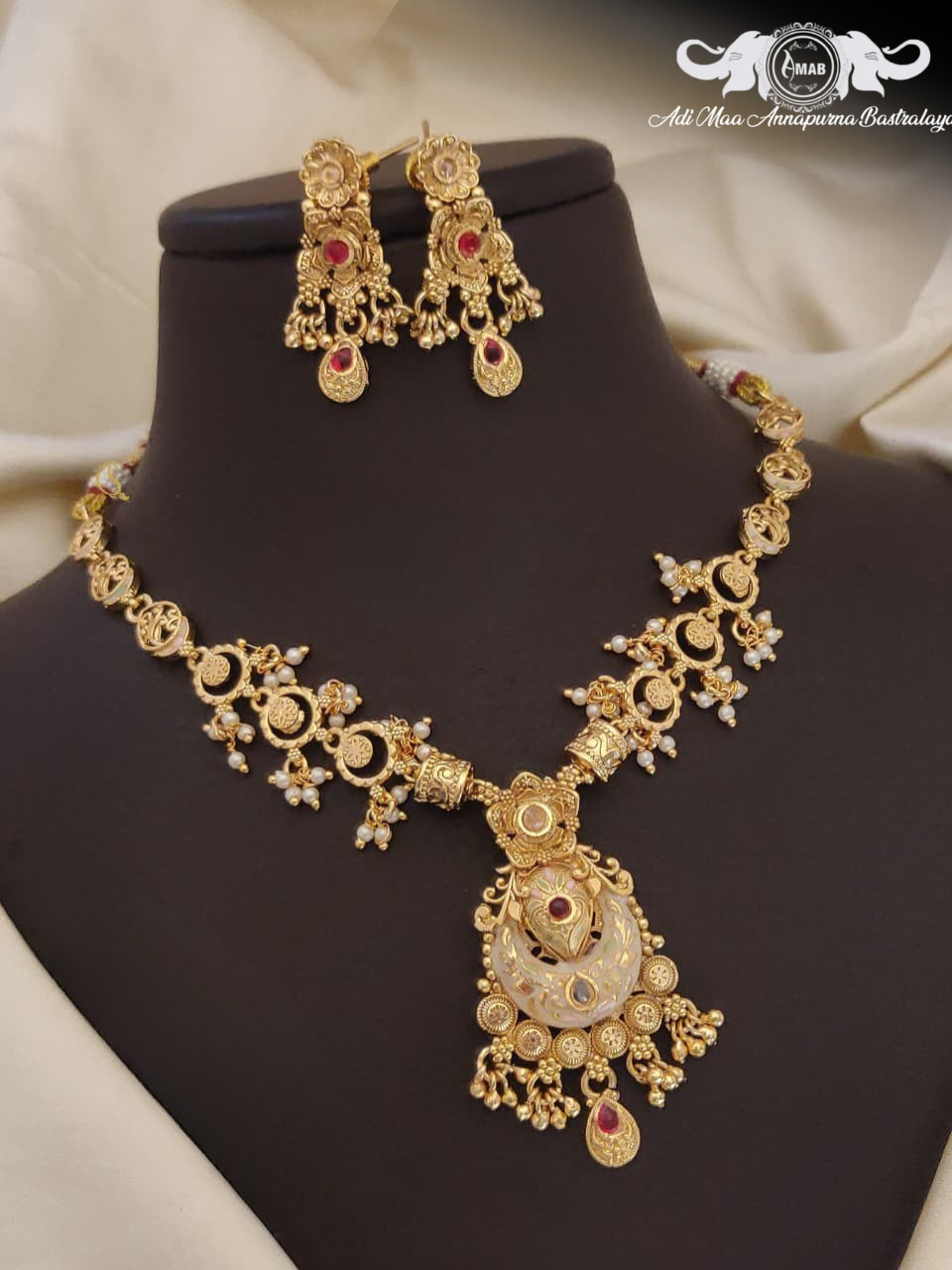 Wholesale Antique Gold Choker Set White Meenakari - Bulk