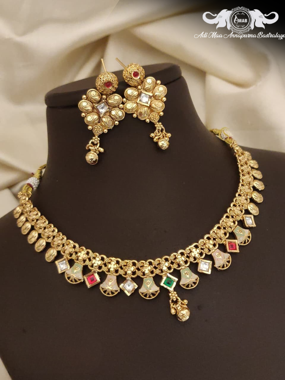 Wholesale Antique Gold Choker Set Meenakari Drops - Bulk