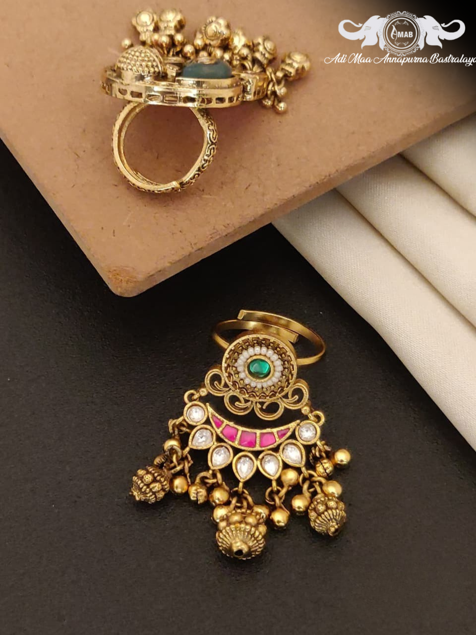 Wholesale Antique Gold Adjustable Ring with Chandbali Drops