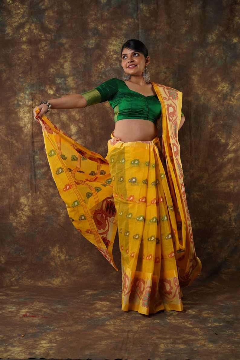 Traditional yellow colour combination Pure Cotton Bengali Handloom Tant Saree Without Blouse Piece 𝐒𝐢𝐳𝐞: Length: 5.5 Meters Width: 1.2 Meters Showcasing the Rich Cultural Heritage of Bengal.DN NO-1018