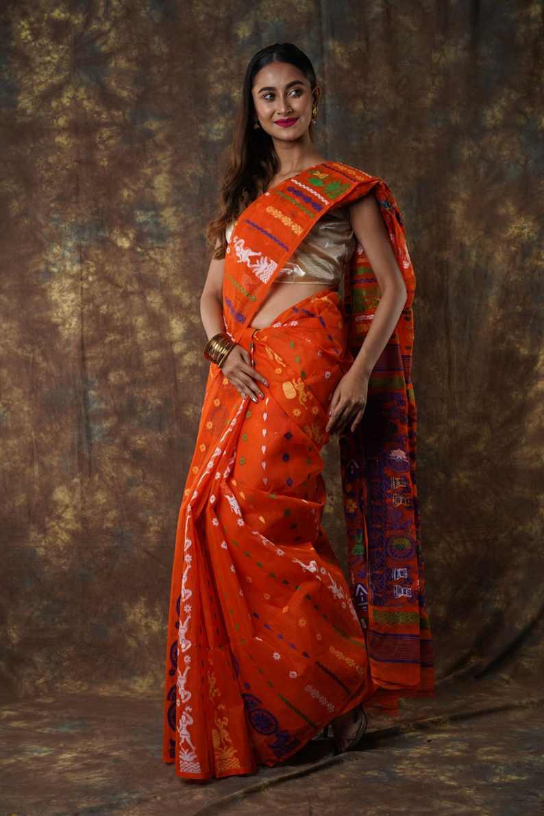 Traditional Bengal Cotton Silk Soft Jamdani Saree with orang colour combination ,Handwoven in the Rich Heritage of Bengal Minakari Dhakai | Item Length: 5.5 Metres Width: 1.2 Meters | Without Blouse Piece.DN NO-1059
