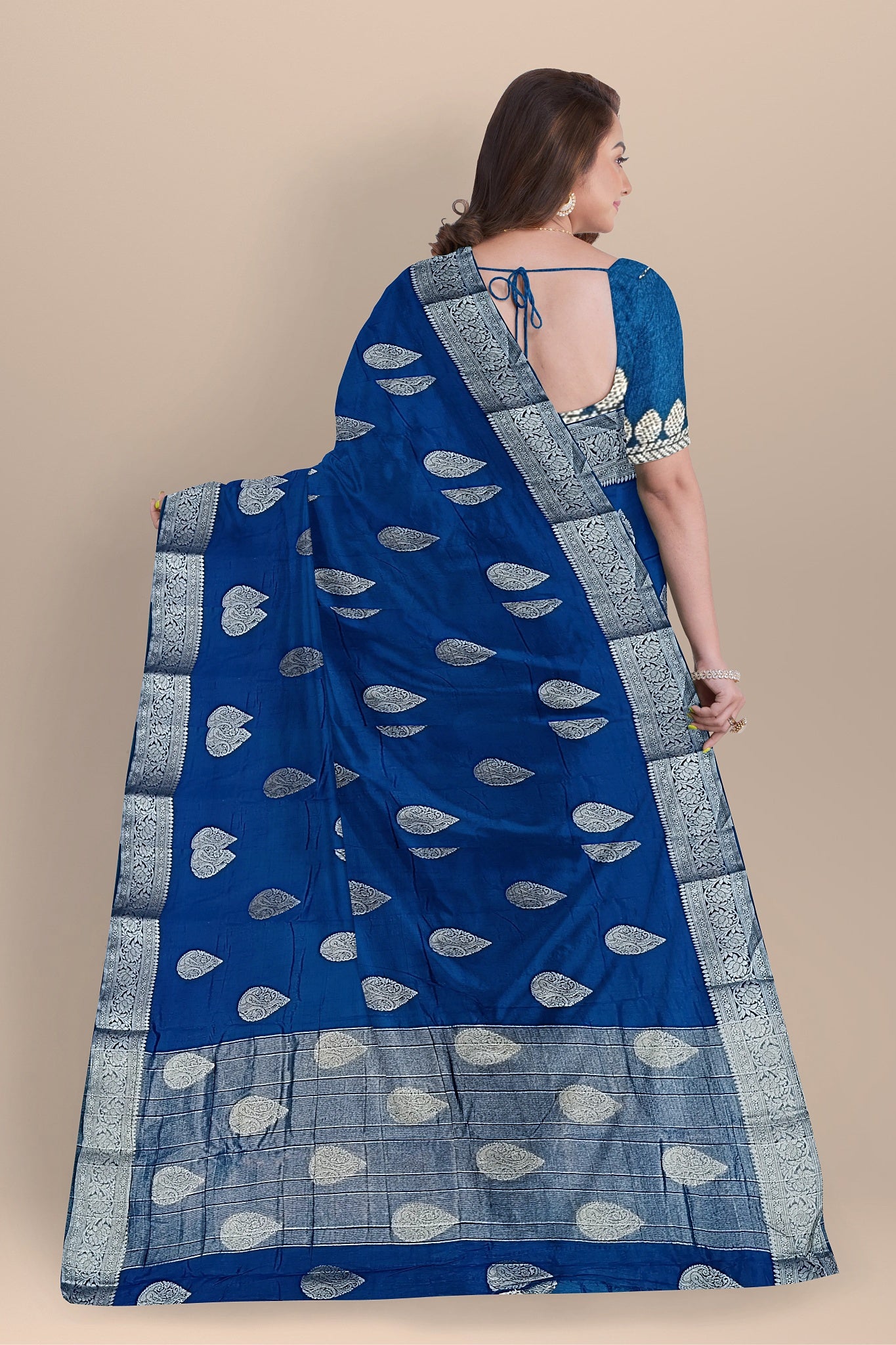 Royal Blue Silk Saree with Grand Kalka Designs and Matching Blouse