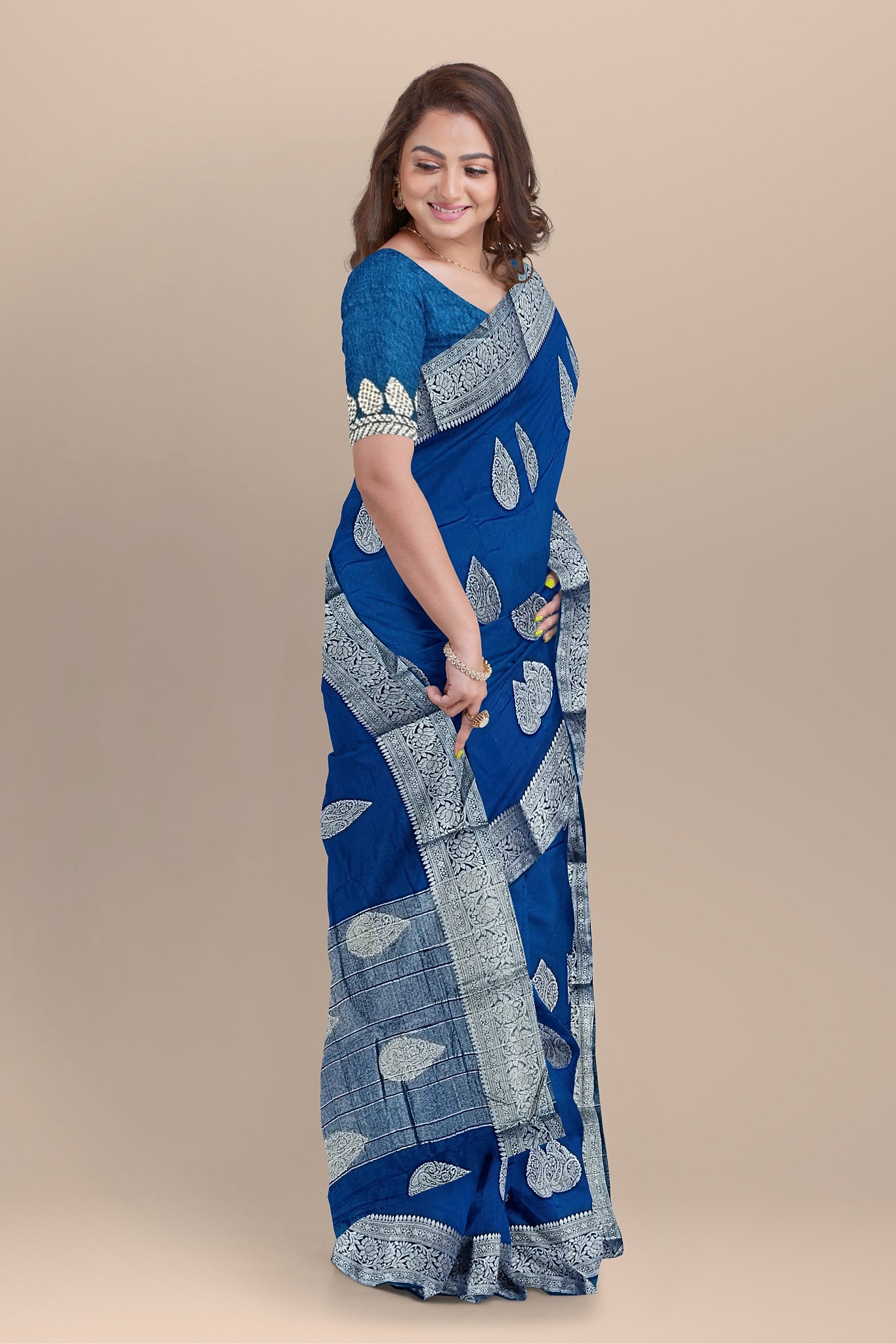Royal Blue Silk Saree with Grand Kalka Designs and Matching Blouse