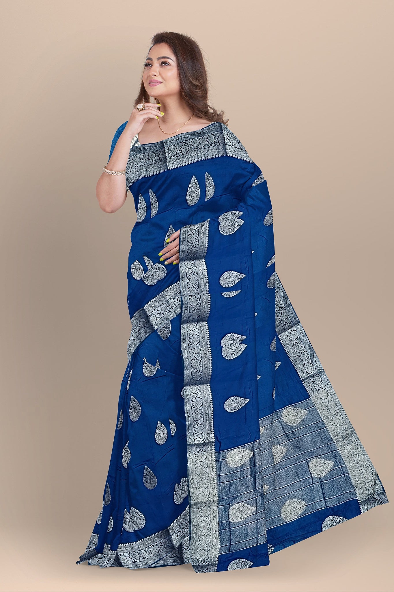 Royal Blue Silk Saree with Grand Kalka Designs and Matching Blouse