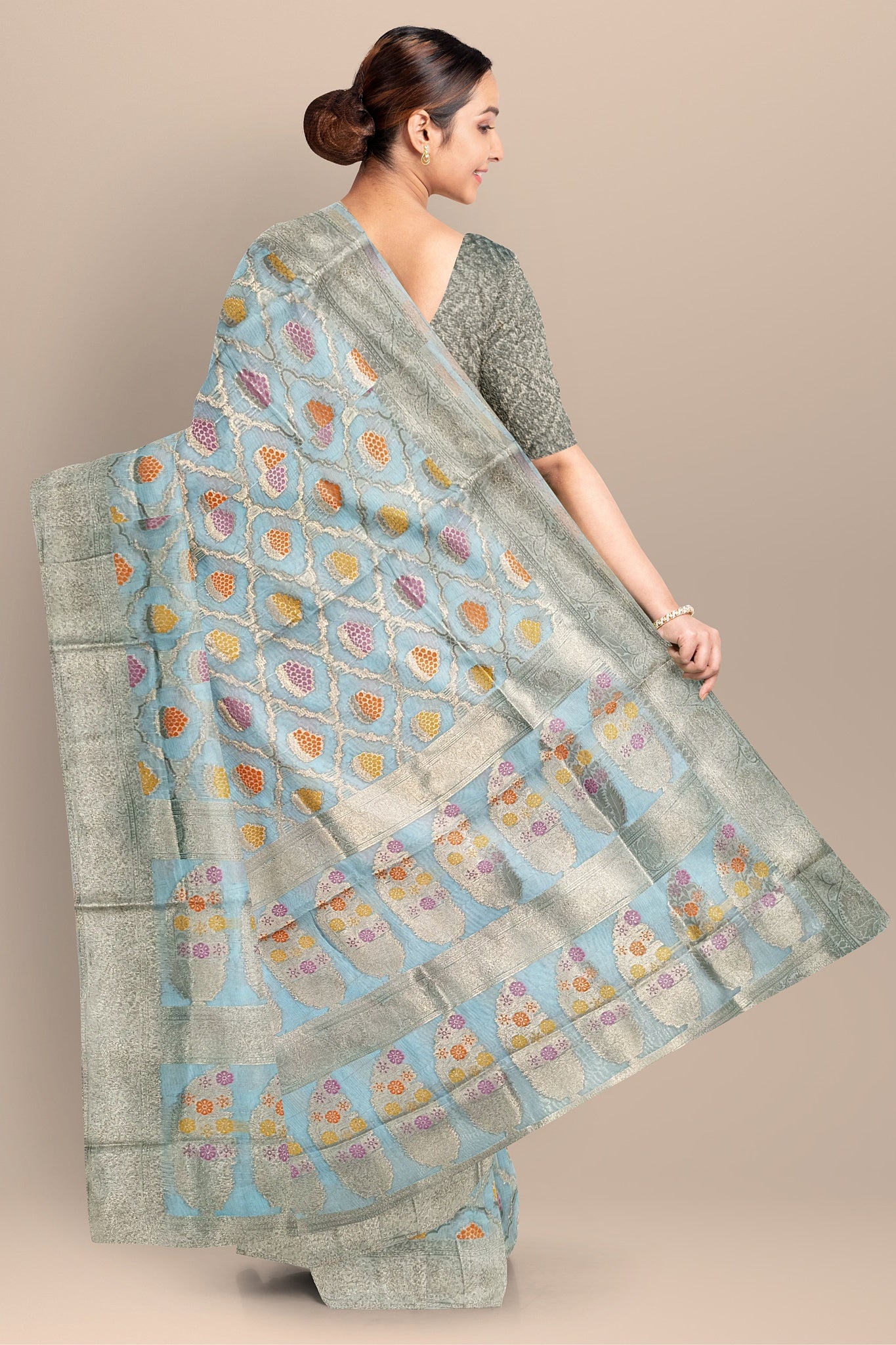 Light Sea Green Silk Saree with Jhuri and Big Kalka Work, Golden Barfi Blouse