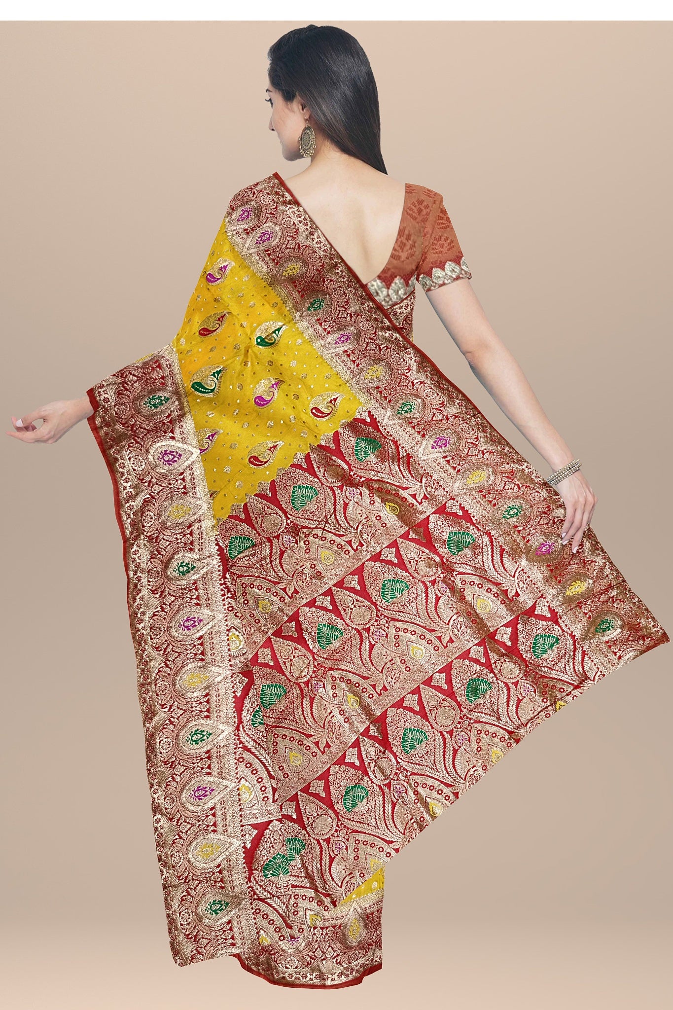 Sunshine Yellow and Red Silk Saree with Kalka Designs and Buta Blouse