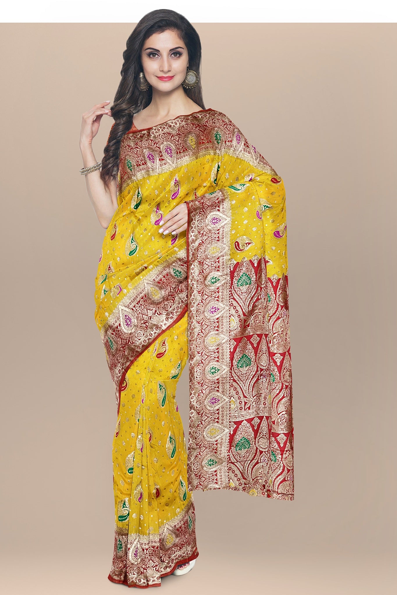 Sunshine Yellow and Red Silk Saree with Kalka Designs and Buta Blouse