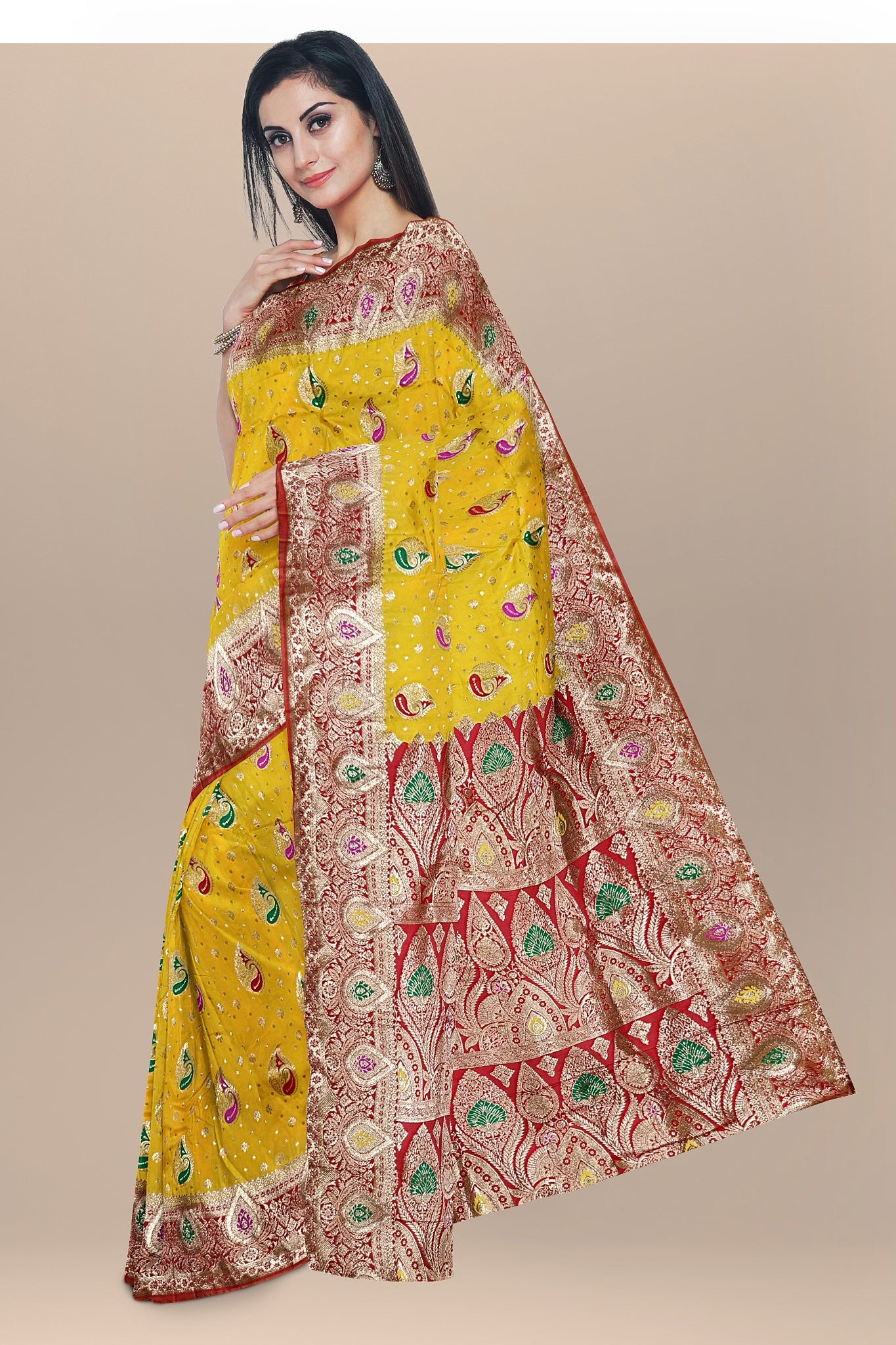 Sunshine Yellow and Red Silk Saree with Kalka Designs and Buta Blouse