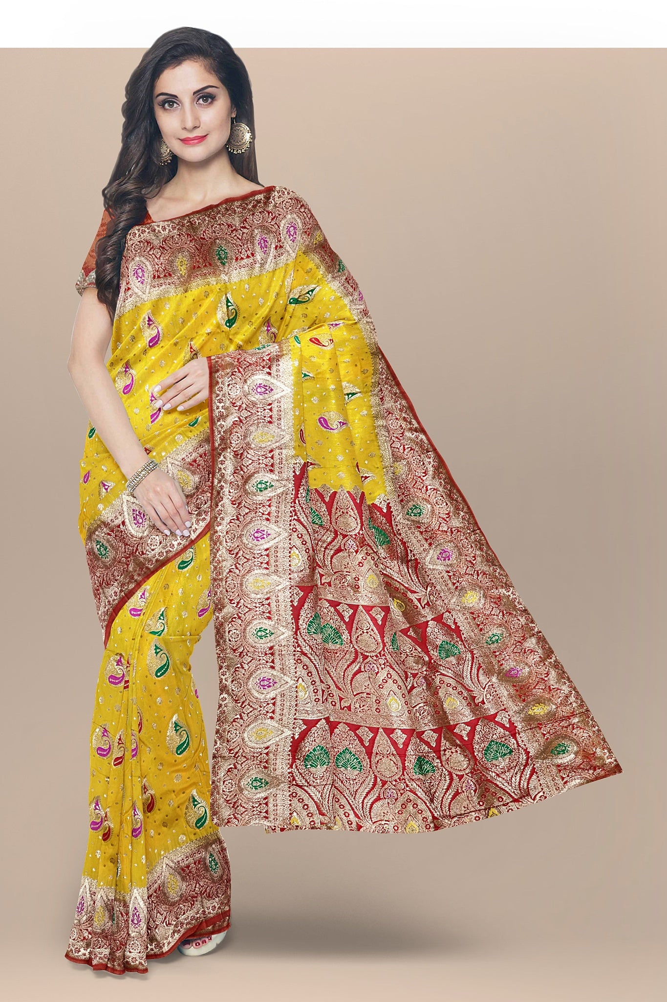 Sunshine Yellow and Red Silk Saree with Kalka Designs and Buta Blouse