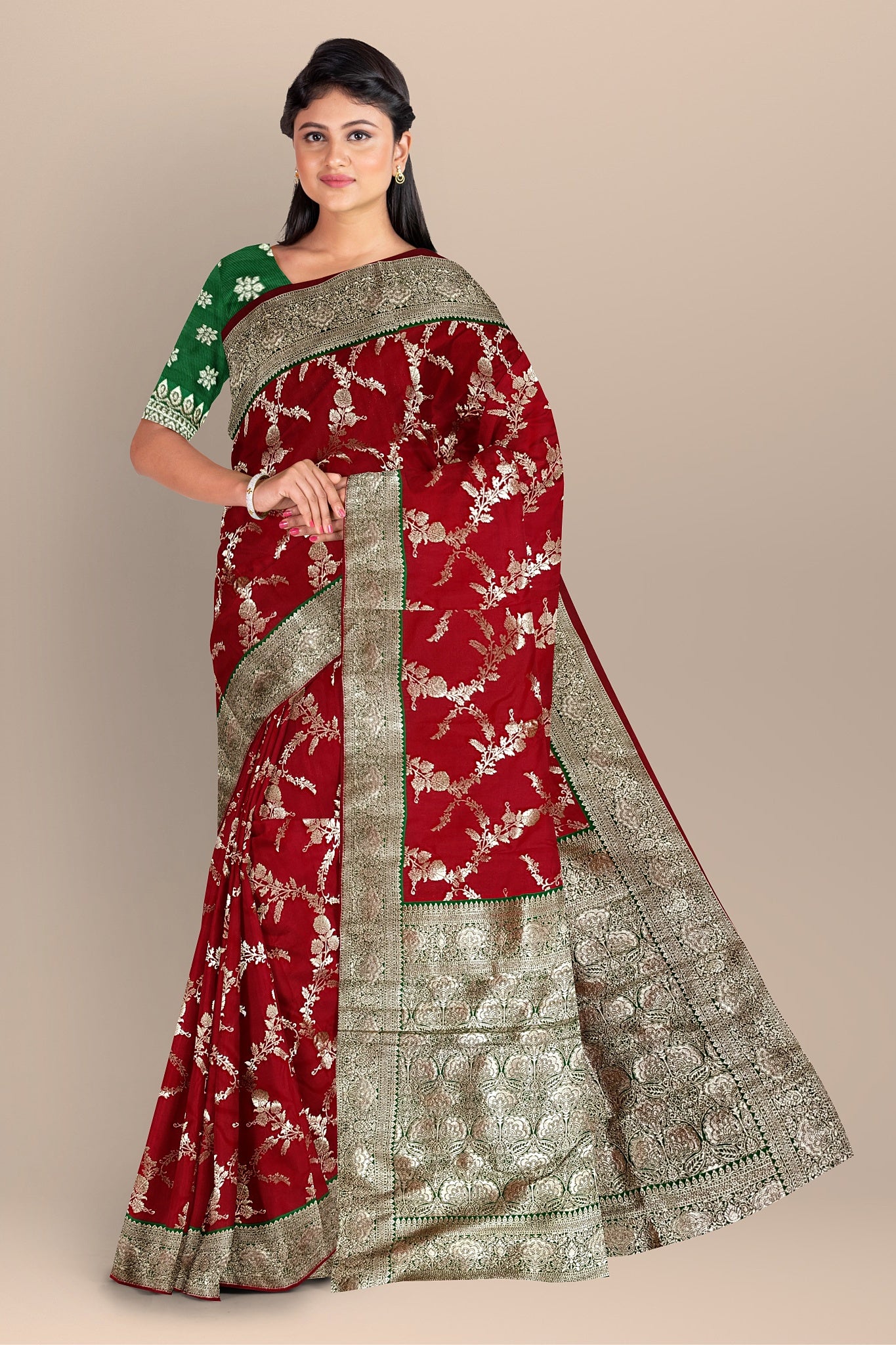 Red and Green Silk Saree with Contrasting Kalka Designs and Buta Blouse
