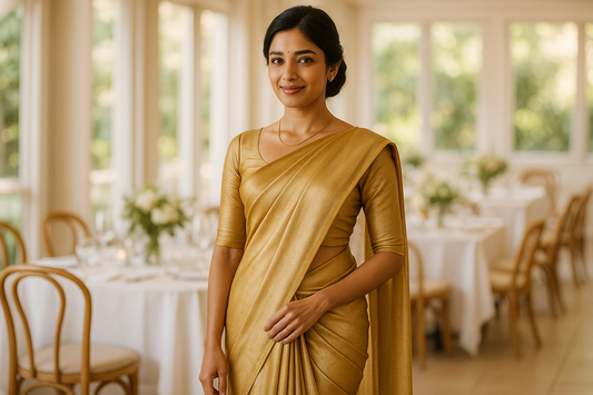 Look Slim in a Silk Saree Golden: Perfect Styling Guide for Daytime Events & Brunches