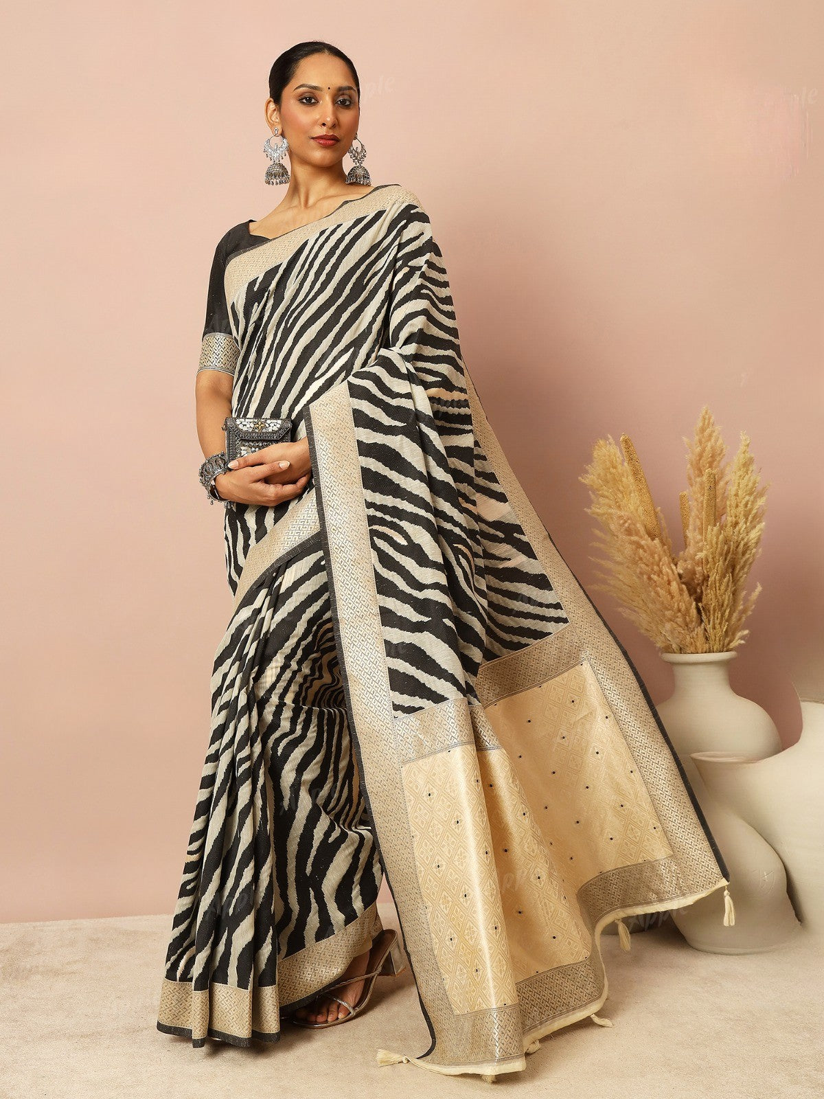 Elegant Black and Beige Animal Print Silk Saree