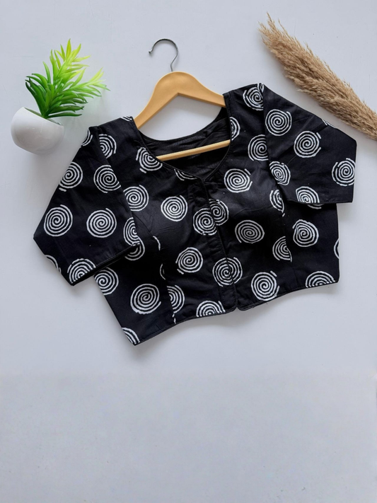 Black Cotton Hand-Painted Blouse | Designer Padded Blouse with Short Sleeves