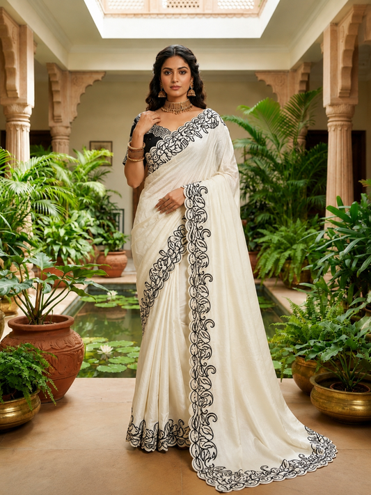 Premium Crunchy Silk Designer Saree | Embroidery C-Pallu & Cutwork Border | Party Wear Saree