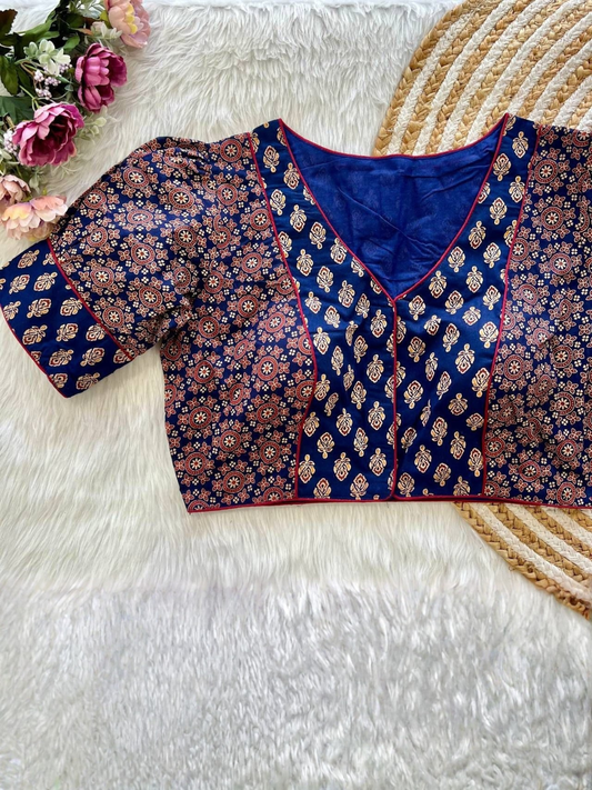 Original Ajrakh Print Cambric Cotton Puff Sleeve Blouse | Front Open Padded Designer Blouse