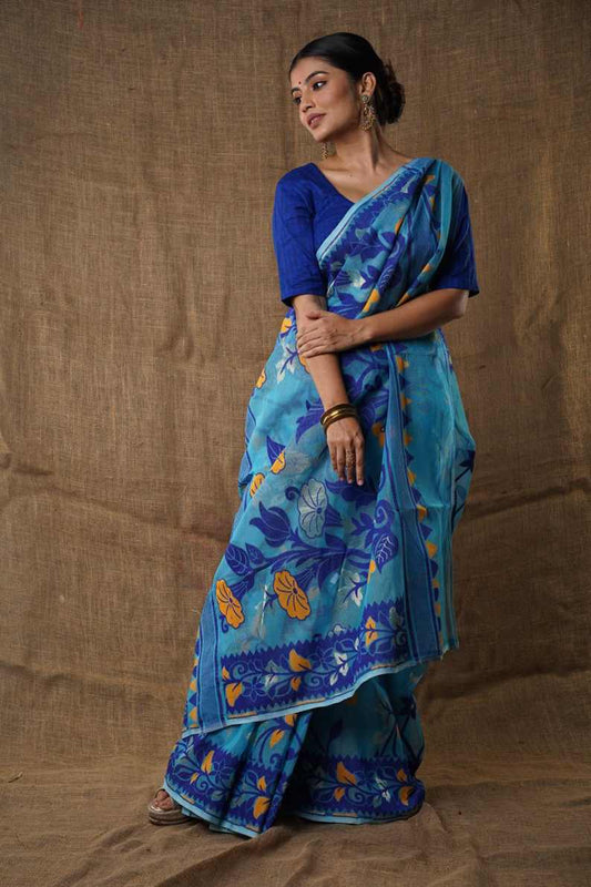 Traditional Bengal Cotton Silk Soft Jamdani Saree with lite sky floral  combination ,Handwoven in the Rich Heritage of Bengal Minakari Dhakai | Item Length: 5.5 Metres Width: 1.2 Meters | Without Blouse Piece.DN NO-1032