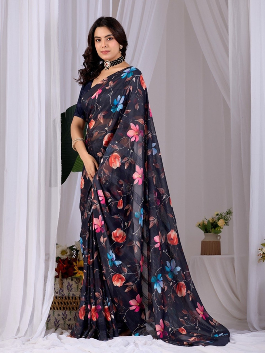 Premium Monsoon Floral Print Saree | Soft Pastel Digital Print Saree with Matching Blouse