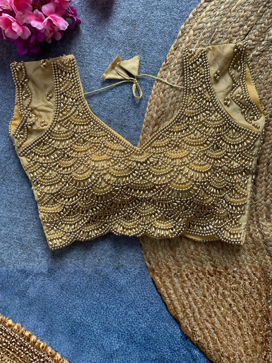Pure Silk Pearl & Moti Handwork Designer Blouse with Beads & Crystal Work
