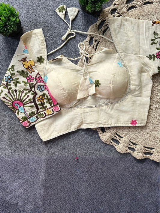 Pure Khadi Cotton Embroidered Partywear Blouse | Padded Back Open Designer Blouse