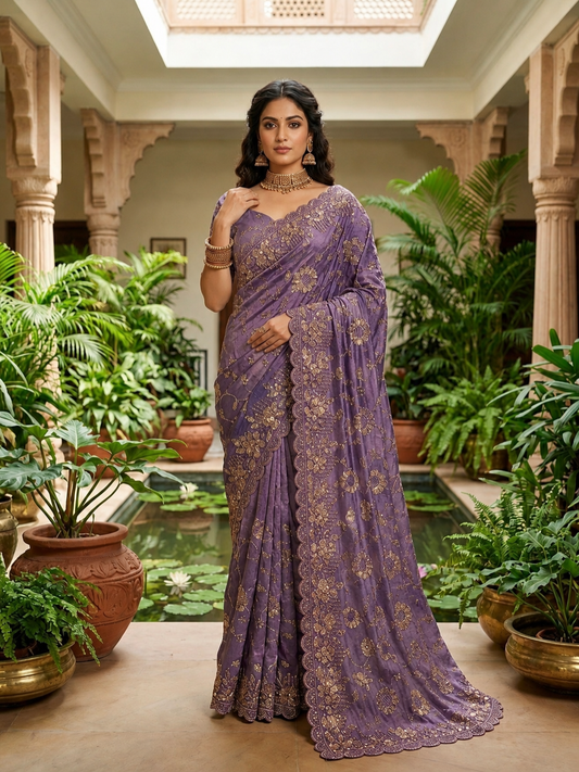 Fandy Satin Silk Designer Saree | Beads & Copper Sequins Embroidery with Cutwork Border
