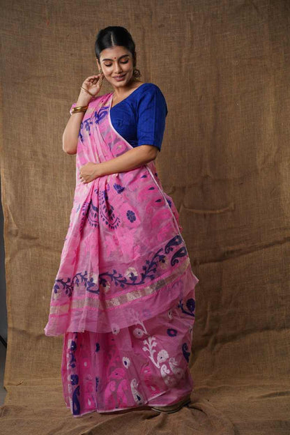 Traditional Bengal Cotton Silk Soft Jamdani Saree with pink colour floral  combination ,Handwoven in the Rich Heritage of Bengal Minakari Dhakai | Item Length: 5.5 Metres Width: 1.2 Meters | Without Blouse Piece.DN NO-1010