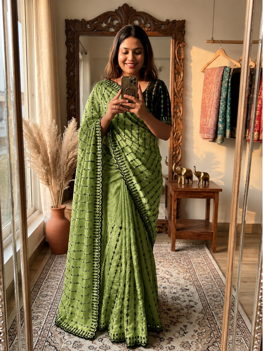Viscose Rangoli Designer Saree | Floral Embroidery & Real Mirror Work with Scalloped Cutwork Border
