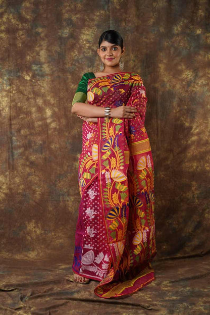 Traditional Bengal Cotton Silk Soft Jamdani Saree with Red & Orange combination ,Handwoven in the Rich Heritage of Bengal Minakari Dhakai | Item Length: 5.5 Metres Width: 1.2 Meters | Without Blouse Piece.DN NO-1011