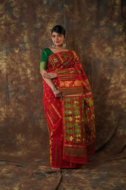 Traditional Bengal Cotton Silk Soft Jamdani Saree with red colour floral combination ,Handwoven in the Rich Heritage of Bengal Minakari Dhakai | Item Length: 5.5 Metres Width: 1.2 Meters | Without Blouse Piece.DN NO-1022