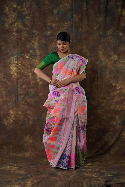 Traditional Bengal Cotton Silk Soft Jamdani Saree with white floral combination ,Handwoven in the Rich Heritage of Bengal Minakari Dhakai | Item Length: 5.5 Metres Width: 1.2 Meters | Without Blouse Piece.DN NO-1007