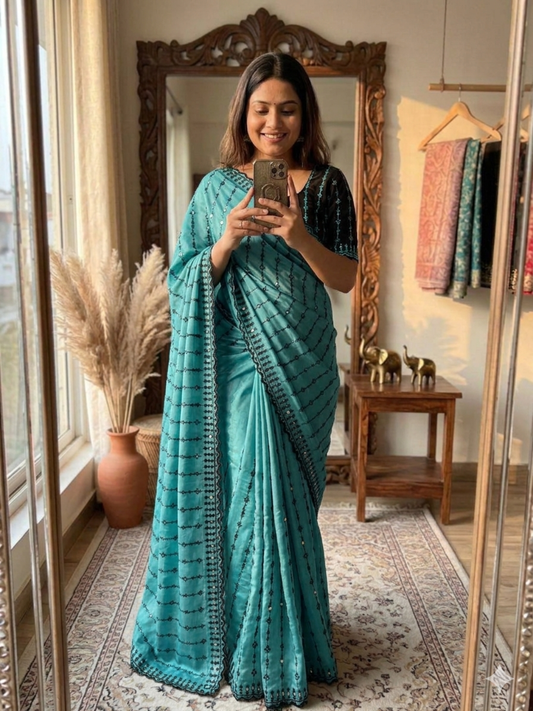 Viscose Rangoli Designer Saree | Floral Embroidery & Real Mirror Work with Scalloped Cutwork Border