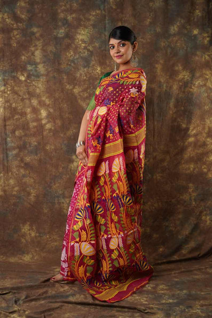 Traditional Bengal Cotton Silk Soft Jamdani Saree with Red & Orange combination ,Handwoven in the Rich Heritage of Bengal Minakari Dhakai | Item Length: 5.5 Metres Width: 1.2 Meters | Without Blouse Piece.DN NO-1011