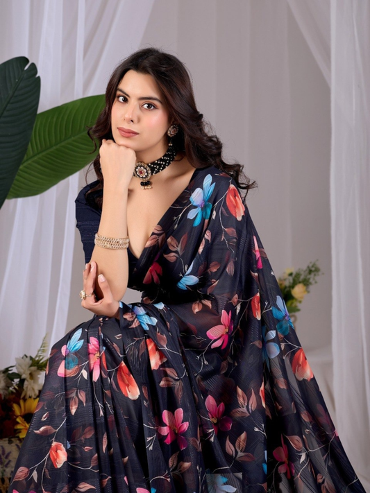 Premium Monsoon Floral Print Saree | Soft Pastel Digital Print Saree with Matching Blouse