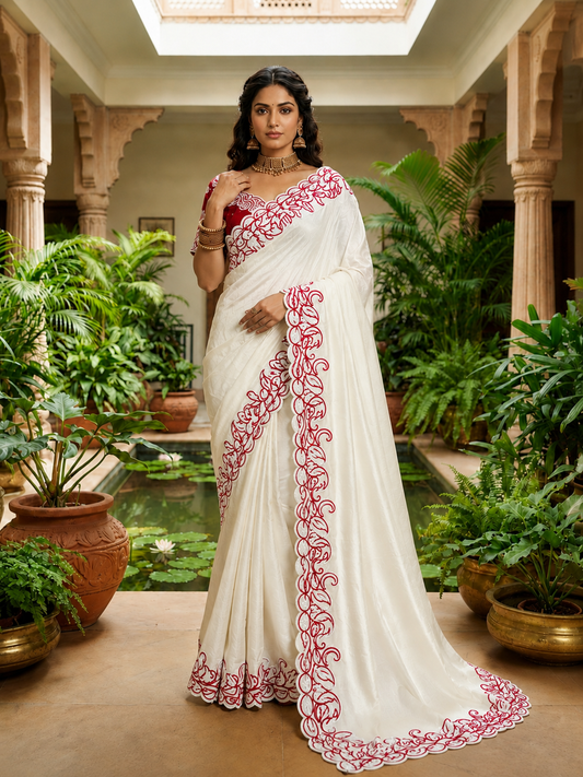 Premium Crunchy Silk Designer Saree | Embroidery C-Pallu & Cutwork Border | Party Wear Saree