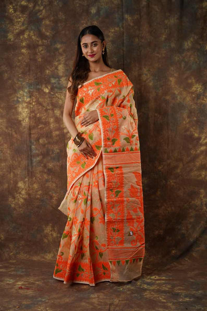 Traditional Bengal Cotton Silk Soft Jamdani Saree with orang colour floral  combination ,Handwoven in the Rich Heritage of Bengal Minakari Dhakai | Item Length: 5.5 Metres Width: 1.2 Meters | Without Blouse Piece.DN NO-1031