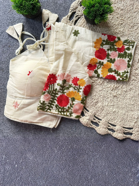 Pure Khadi Cotton Embroidered Partywear Blouse | Padded Back Open Designer Blouse