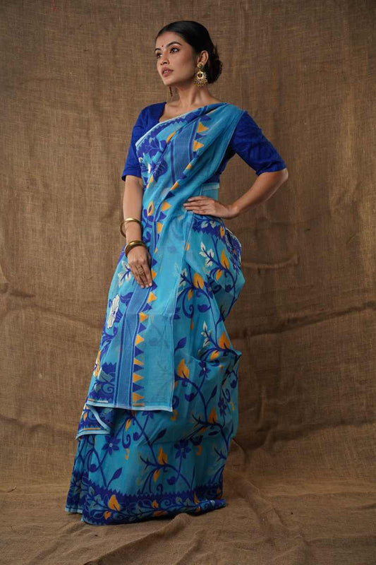 Traditional Bengal Cotton Silk Soft Jamdani Saree with lite sky floral  combination ,Handwoven in the Rich Heritage of Bengal Minakari Dhakai | Item Length: 5.5 Metres Width: 1.2 Meters | Without Blouse Piece.DN NO-1032