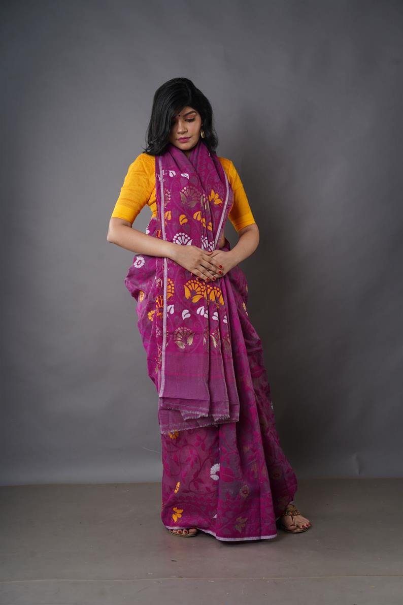 Traditional Bengal Cotton Silk Soft Jamdani Saree with rani colour   combination ,Handwoven in the Rich Heritage of Bengal Minakari Dhakai | Item Length: 5.5 Metres Width: 1.2 Meters | Without Blouse Piece.