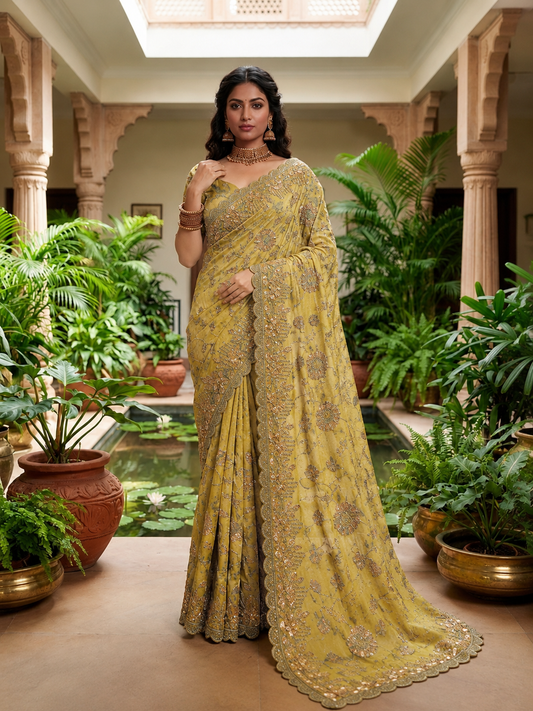 Fandy Satin Silk Designer Saree | Beads & Copper Sequins Embroidery with Cutwork Border