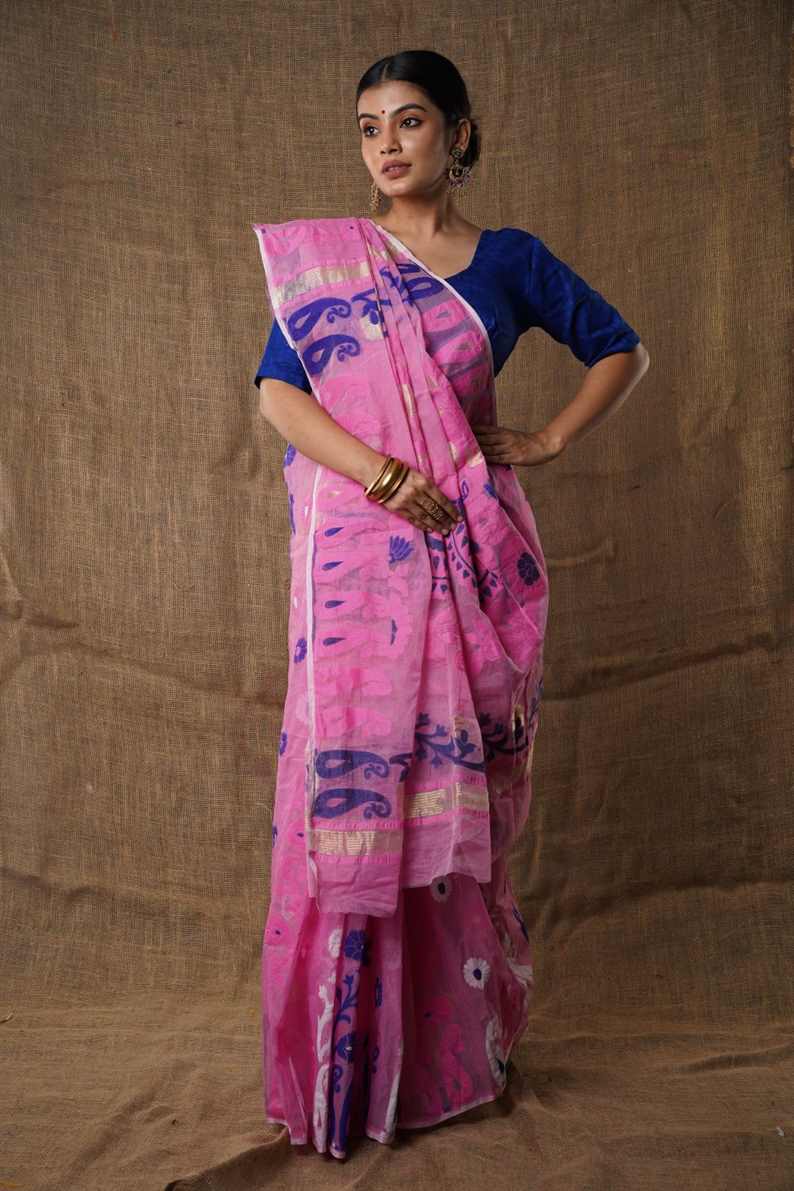 Traditional Bengal Cotton Silk Soft Jamdani Saree with pink colour floral  combination ,Handwoven in the Rich Heritage of Bengal Minakari Dhakai | Item Length: 5.5 Metres Width: 1.2 Meters | Without Blouse Piece.