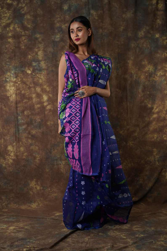 Traditional Bengal Cotton Silk Soft Jamdani Saree with navy blue colour   combination Blouse Piece. ,Handwoven in the Rich Heritage of Bengal Minakari Dhakai | Item Length: 5.5 Metres Width: 1.2 Meters | Without.DN NO-1006