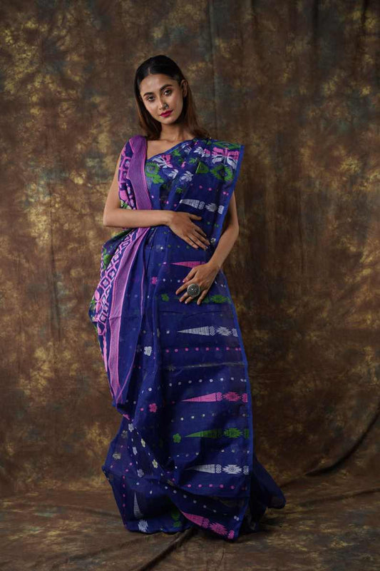 Traditional Bengal Cotton Silk Soft Jamdani Saree with navy blue colour   combination Blouse Piece. ,Handwoven in the Rich Heritage of Bengal Minakari Dhakai | Item Length: 5.5 Metres Width: 1.2 Meters | Without.DN NO-1006