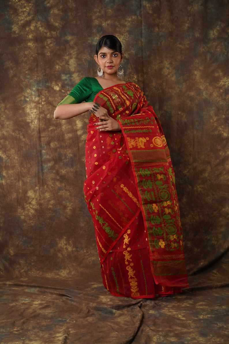 Traditional Bengal Cotton Silk Soft Jamdani Saree with red colour floral combination ,Handwoven in the Rich Heritage of Bengal Minakari Dhakai | Item Length: 5.5 Metres Width: 1.2 Meters | Without Blouse Piece.DN NO-1022