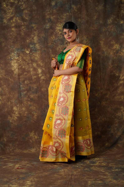 Traditional yellow colour combination Pure Cotton Bengali Handloom Tant Saree Without Blouse Piece 𝐒𝐢𝐳𝐞: Length: 5.5 Meters Width: 1.2 Meters Showcasing the Rich Cultural Heritage of Bengal