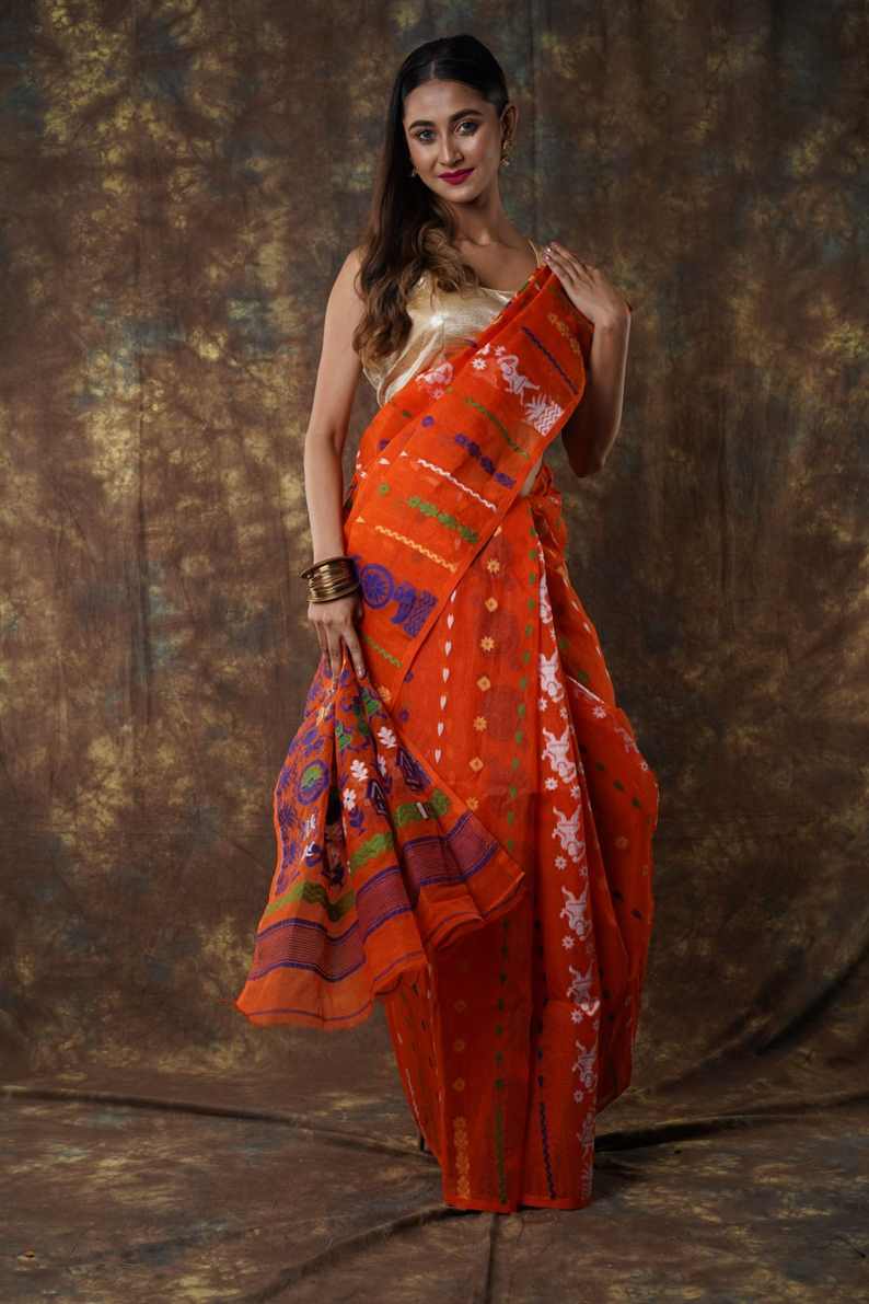 Traditional Bengal Cotton Silk Soft Jamdani Saree with orang colour  combination ,Handwoven in the Rich Heritage of Bengal Minakari Dhakai | Item Length: 5.5 Metres Width: 1.2 Meters | Without Blouse Piece.